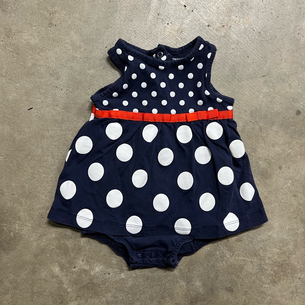 Navy Polka Dot Baby Dress with Red Accent